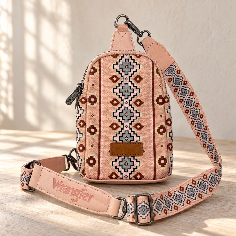 Wrangler Aztec Sling Bag Pink Brown Southwestern Western Boho Crossbody Purse